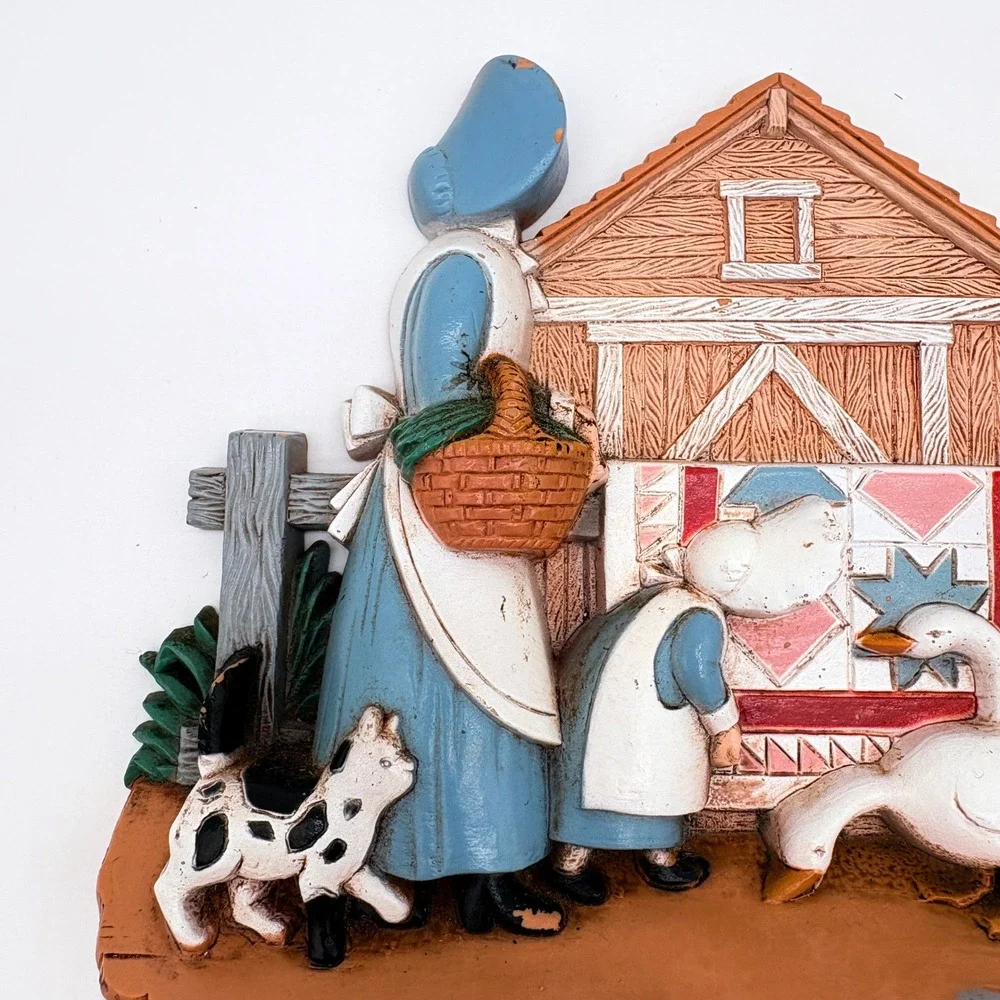 Vintage Amish Farm Scene Wall Hanging Barn Quilt Geese Rustic Country Folk Art